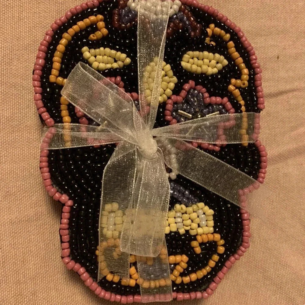 NEW Day of the Dead Halloween Skull Beaded 4pc Coaster Set - Black